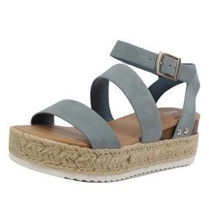 Blue Open Toe Strappy Ankle Strap Espadrille Wedge